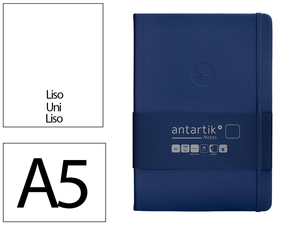 CUADERNO CON GOMILLA ANTARTIK NOTES TAPA DURA A5 HOJAS LISAS AZUL MARINO 100 HOJAS 80 GR FSC