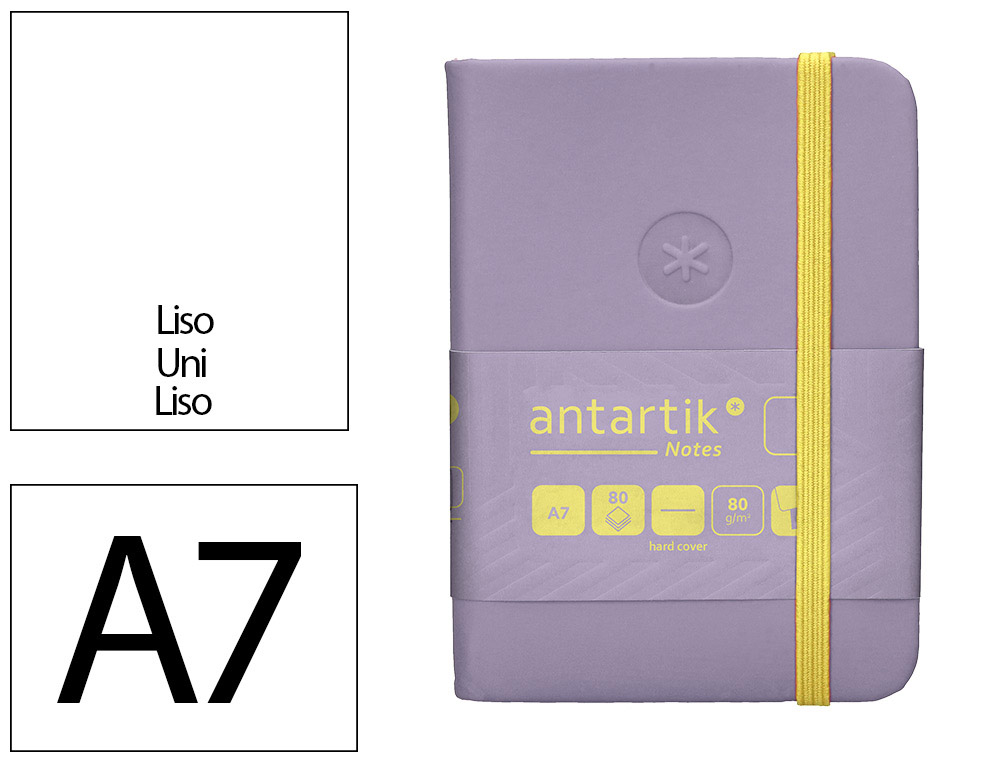 CUADERNO CON GOMILLA ANTARTIK NOTES TAPA DURA A7 HOJAS LISAS MORADO Y AMARILLO 80 HOJAS 80 GR FSC