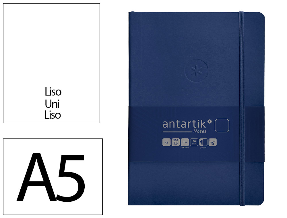 CUADERNO CON GOMILLA ANTARTIK NOTES TAPA BLANDA A5 HOJAS LISAS AZUL MARINO 80 HOJAS 80 GR FSC