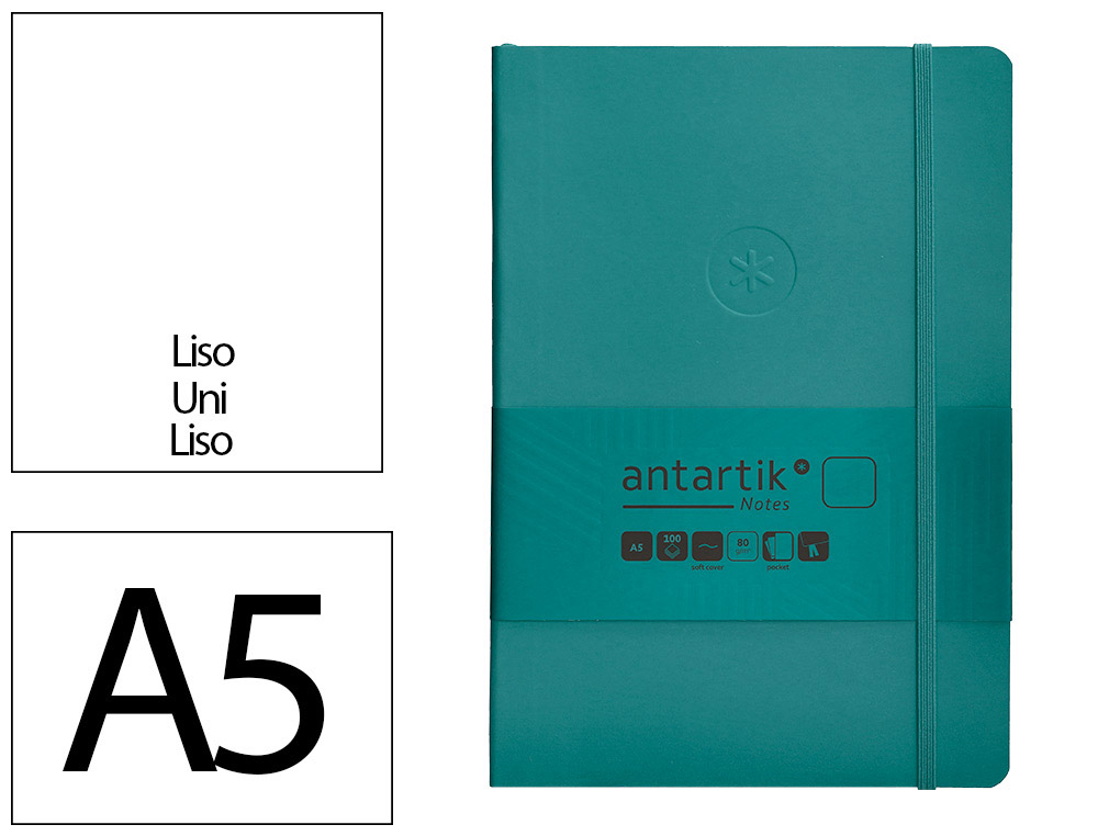 CUADERNO CON GOMILLA ANTARTIK NOTES TAPA BLANDA A5 HOJAS LISAS VERDE AGUAMARINA 80 HOJAS 80 GR FSC