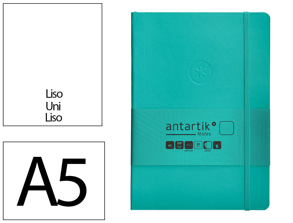 CUADERNO CON GOMILLA ANTARTIK NOTES TAPA BLANDA A5 HOJAS LISAS TURQUESA 80 HOJAS 80 GR FSC