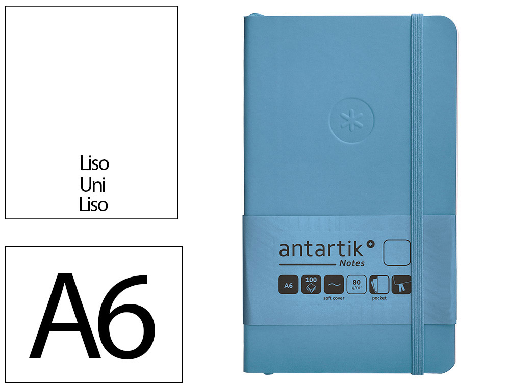 CUADERNO CON GOMILLA ANTARTIK NOTES TAPA BLANDA A6 HOJAS LISAS AZUL CLARO 100 HOJAS 80 GR FSC