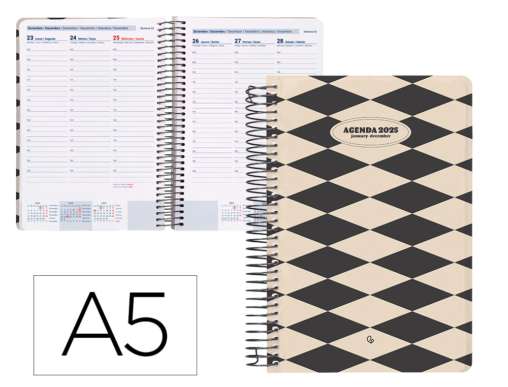 AGENDA ESPIRAL LIDERPAPEL CLASSIC A5 2025 SEMANA VISTA BLANCO Y NEGRO 1 PAPEL 70 GR