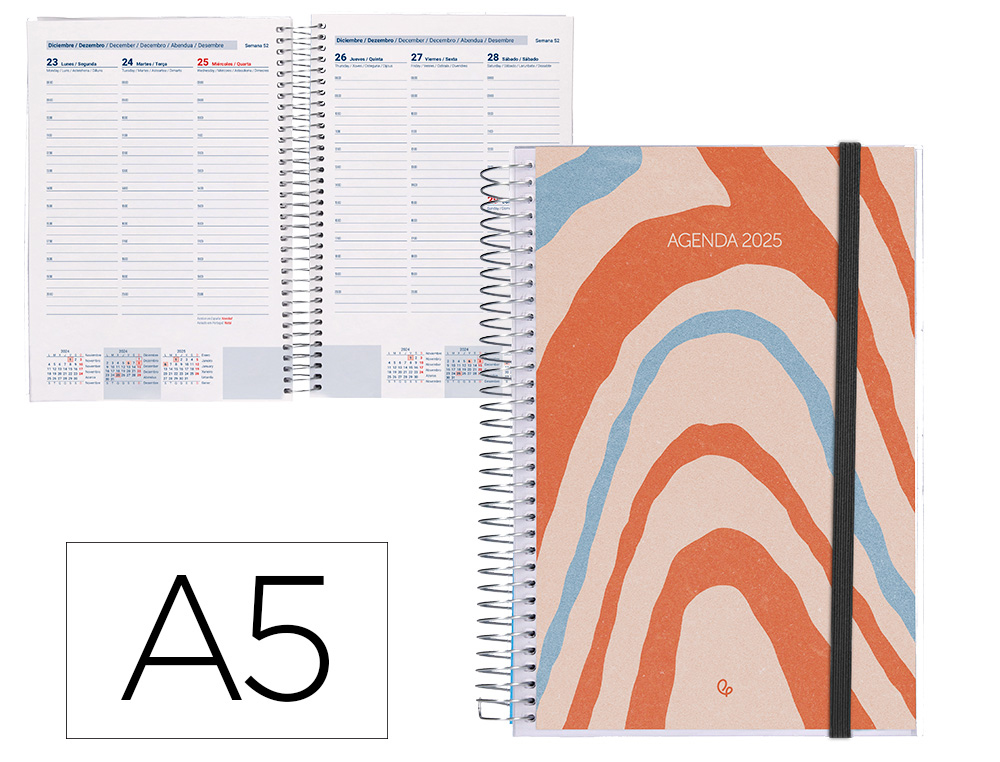 AGENDA ESPIRAL LIDERPAPEL TINOS A5 2025 PERSONALIZABLE SEMANA VISTA PAPEL 70 GR