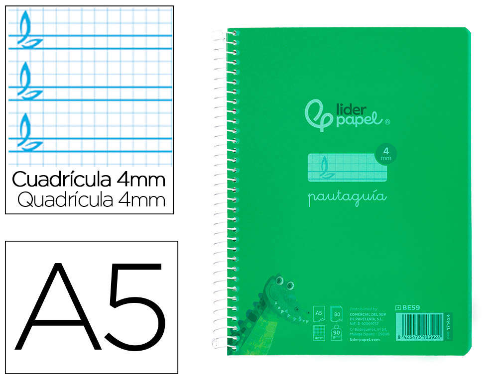 CUADERNO ESPIRAL LIDERPAPEL DIN A5 PAUTAGUIA TAPA PLASTICO 80H 90GR CUADRO PAUTADO 4MM CON MARGEN COLOR VERDE