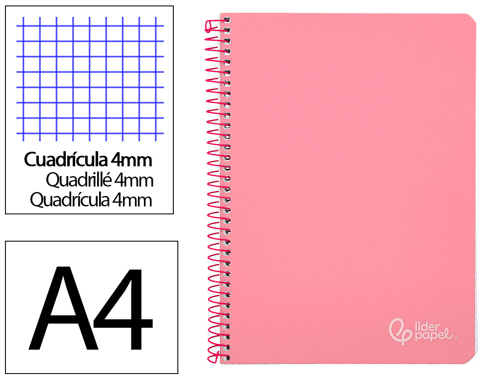 CUADERNO ESPIRAL LIDERPAPEL A4 WITTY TAPA DURA 80H 90GR CUADRO 4MM CON MARGEN COLOR ROSA