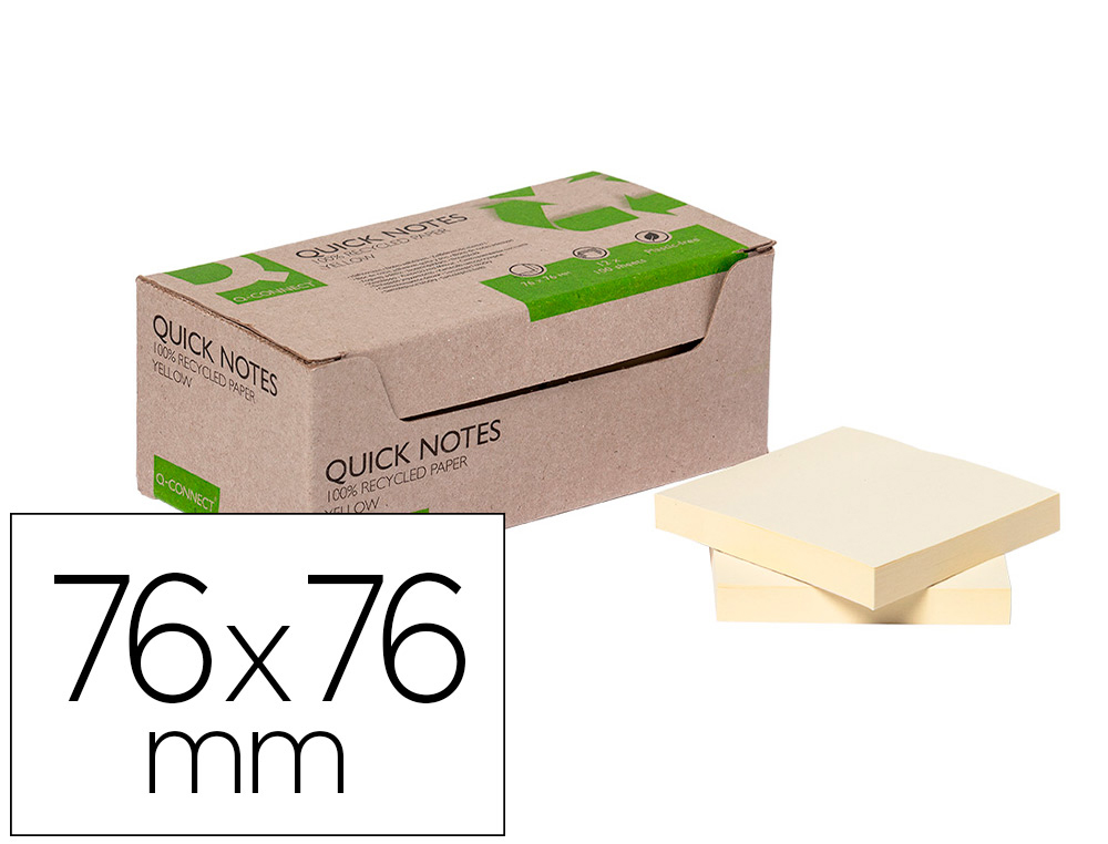 BLOC DE NOTAS ADHESIVAS QUITA Y PON Q-CONNECT 76X76 MM 100% PAPEL RECICLADO AMARILLO EN CAJA DE CARTON